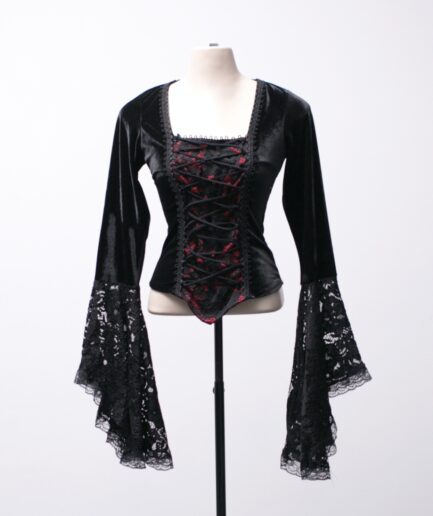 [PP/P/M/G/GG] Blusa de veludo manga flare de renda com amarrações e forro vermelho
