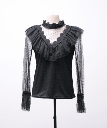 [P] Blusa manga longa de tule poá com babados e rendas