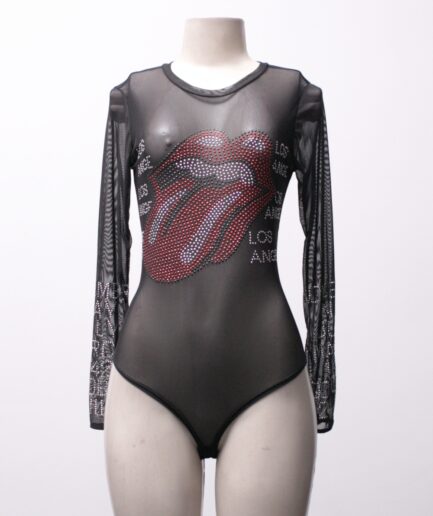 [P] Body de tule manga longa com strass banda "Rolling Stones"