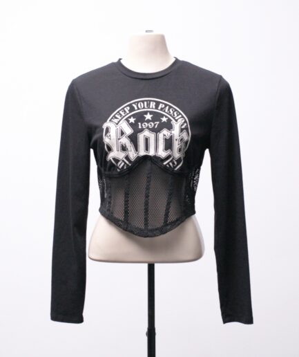 [M] Cropped manga longa com detalhe estilo corpete de tela na cintura Shein